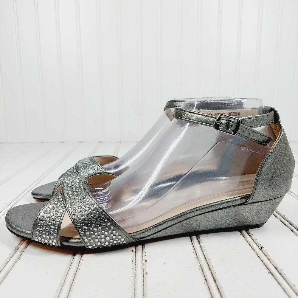 Women’s Silver Ankle-Strap Wedge Sandals with Embellished Crisscross